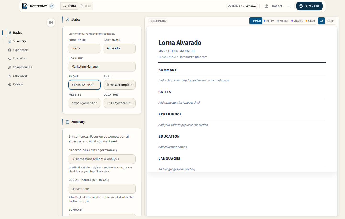 Masterful CV editor with structured profile fields and a live CV preview using synthetic profile data.